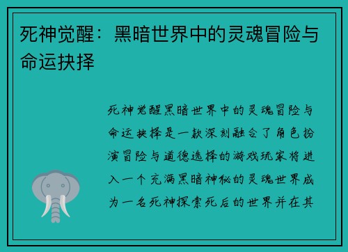 死神觉醒：黑暗世界中的灵魂冒险与命运抉择
